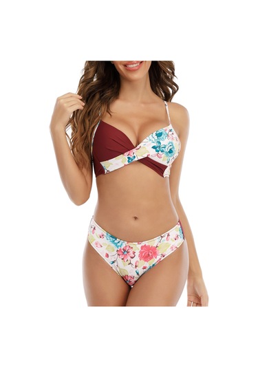 Geeroyoo Kadın Bikini Takımı - Ayarlanabilir Askılı, Desenli, Asya Bedeni L Kırmızı Burgonya
