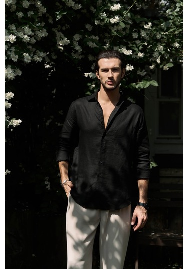 Mai Collection Mai Studios Co. Ombretta Siyah Keten Oversize Erkek Gömlek Siyah