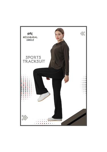 Kadın Spor Eşofman Takım İspanyol Paça Çift Cepli Alt &kapüşonlu Kanguru Cepli Üst Haki Rengi 3053 Haki