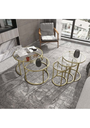 Dekoport Milas Mat Gold Orta Ve Zigon Sehpa Seti - Şeffaf Cam Gold
