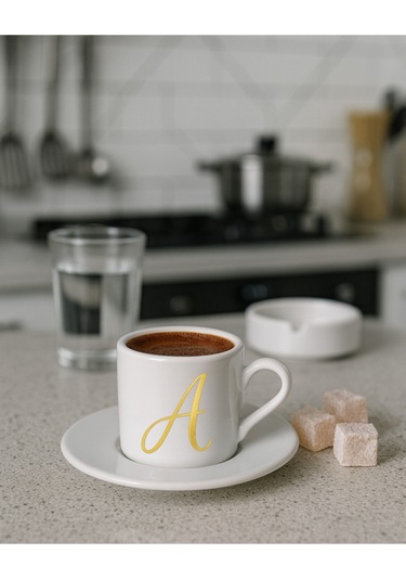 Türk Kahvesi Fincanı Harf, Espresso Fincanı Harf Beyaz - Altın12