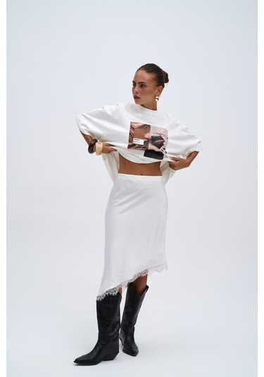 Lina Dantel Detay Beyaz Saten Etek Beyaz