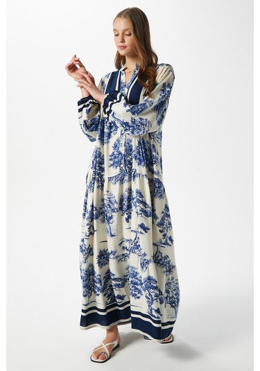 Modest Kadın Carena %100 Viskon Mavi Maksi Boy Yazlık Elbise Mavilacivertkrem Çok Renkli