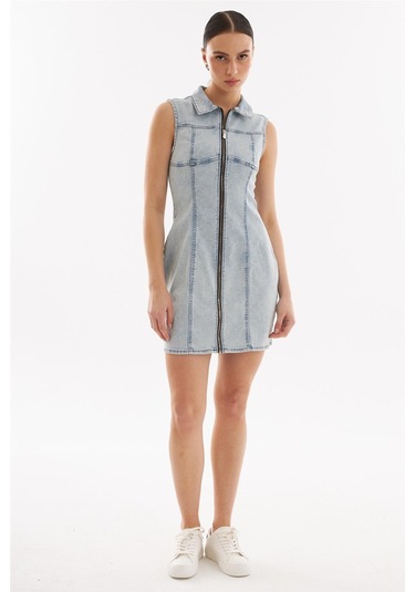 Fermuarlı Mini Denim Elbise Açık Mavi