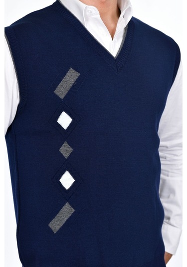 Kamalı Lacivert Erkek Çelik Örgü Kışlık Kalın Triko V Yaka Triko Örgü Tüylenmez Süveter Lacivert