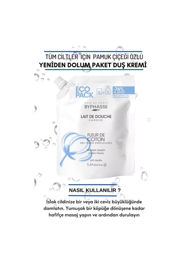 Byphasse Caresse Pamuk Çiçeği Özlü Kremli Duş Jeli Ekonomik Yeniden Dolum Paketi 1 L