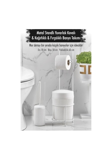 Metal Standlı Yuvarlak Kovalı & Kağıtlıklı & Fırçalıklı Beyaz Banyo Takımı Siyah