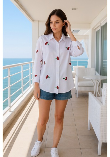 Kadın Kiraz Desenli Beyaz Pamuk Gömlek Beyaz