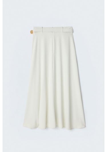 Sateen Kemerli Yırtmaç Detaylı Kloş Etek - Ekru-137417