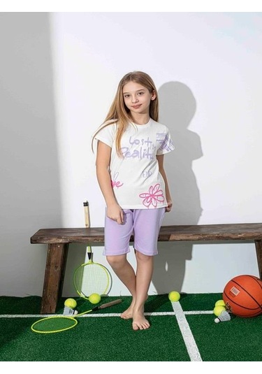 Kız Çocuk Desenli Lila Şortlu Pijama Takımı-1258 Lila