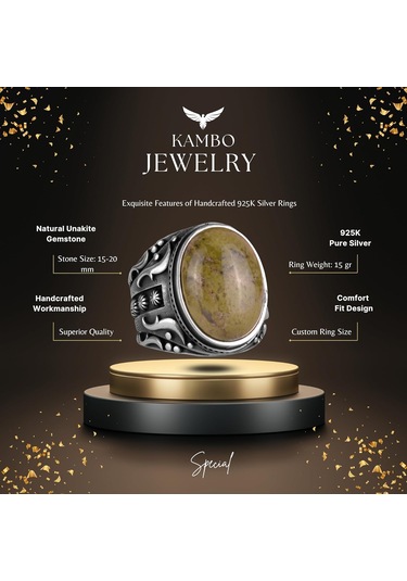 El Yapımı 925k Katı Sterlin Gümüş Erkek Yüzük, Gerçek Doğal Unakite Taşı Yüzük, Sanatsal Tasarım Gümüş