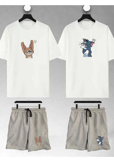 Unisex Kadın Sinirli Tom Ve Jerry Baskılı Sevgili Çift Kombini Tasarım Oversize Tshirt Ve Şort Beyaz-gri Mck2313 Beyaz-Gri