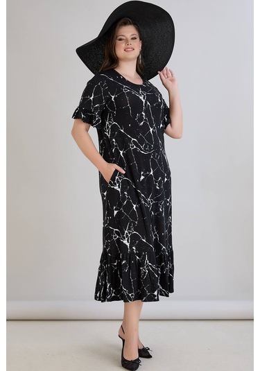 Wearon Kadın Dora Büyük Beden Volanlı Mermer Desen Siyah Elbise Siyah