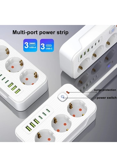 Xuweiwei Beyaz Yeni Cok Fonksiyonlu 6 Prizli 3 Usb A 3 Type C 2 Metre Uzatma Kablosu Ev Ofis Mutfak Garaj İcin
