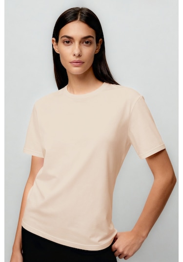 Tommylife Bej O Yaka Standart Fit Basic Kadın T-shirt - 97311