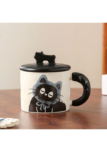 Tenfowee Kedi Desenli Seramik Bardak - Gri Renk 370ml - Dayanıklı Kahve/çay Bardağı - Ev/ofis Kullanıma Uygun Gri