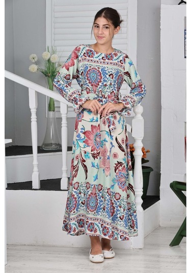 Kız Çocuk Viskon Kumaş Desenli Uzun Elbise Yeşil