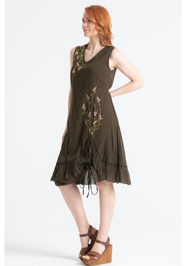 Kolsuz Vual Candan Yırtmaçlı Midi Boy Elbise Haki Hk-haki Haki