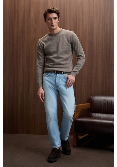 VAREX Erkek Yuvarlak Yaka Basic Slim Fit Triko Vizon Kazak