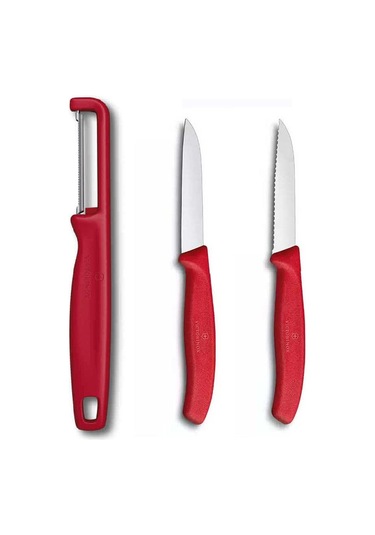 Victorinox 8 Cm Kırmızı Tırtıklı Ve Düz Bıçak Ve Domates Sebze Soyucu 3lü Set Kırmızı