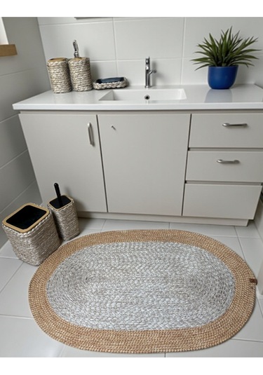 Doğal Dokulu Hasır Görünümlü 6 Parça Banyo Takımı Zarif Ve Modern Gri