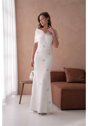 Dip Moda Dipmoda Kadın Beyaz Tül Ve Taş Detaylı Abiye Elbise Dpnbs9372 Beyaz