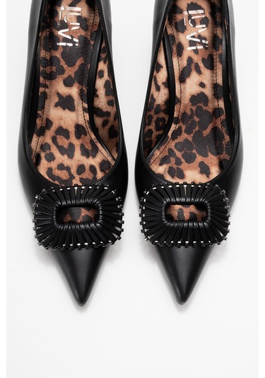 Great Siyah-siyah Desenli Tokalı Kadın Topuklu Ayakkabı Leopar - Siyah