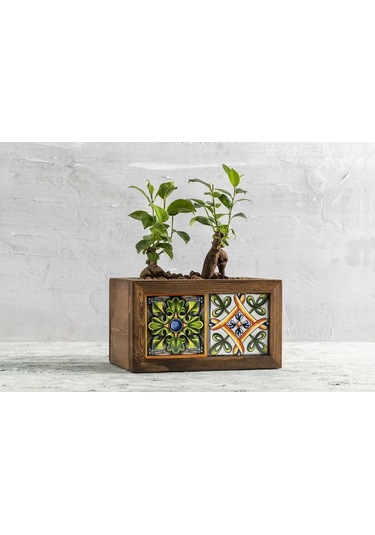 Halohope El Yapımı 2 Meksika Çinili Dekoratif Modern Ahşap Dikdörtgen Bahçe Balkon Saksı Saksılık Çiçeklik