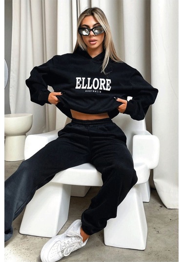 Ellore Australia Eşofman Takımı Sweatshirt Jogger - Siyah Baskılı Oversize Şardonlu Kapüşonlu Siyah