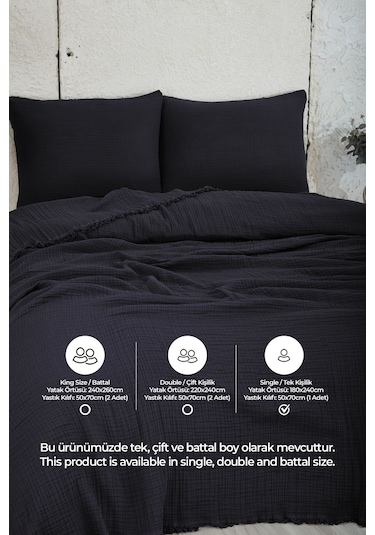 %100 Pamuk Müslin Yatak Örtüsü Tek Kişilik 4 Katlı Battaniye 2 Parça Müslin Pike Seti Siyah Siyah