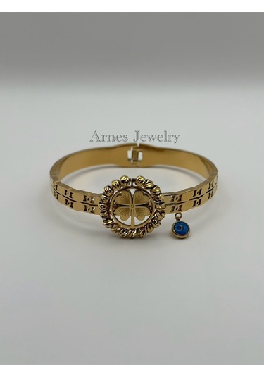 Arnes Jewelry Çelik Dorikalı Yoncalı Kelepçe Bileklik Ar80 Gold