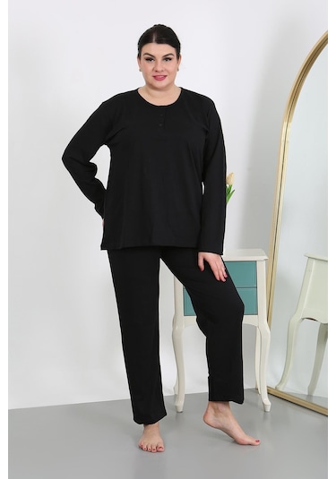 Akbeniz Kadın Büyük Beden Uzun Kol Penye Pijama Takımı Siyah 202501 Siyah