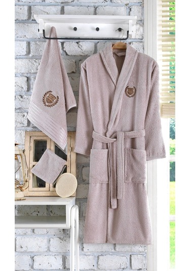 Güvenal Ayla 5 Parça Tek Kişilik Nakışlı Bornoz Seti Bornoz Takımı Bornoz Çeyiz Seti 1 Kahverengi