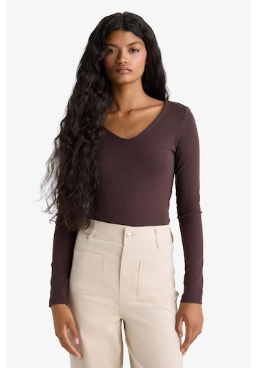 Defacto Slim Fit Dar Kesim Basic Düz Modal Uzun Kollu Tişört F7153ax25aubn340 Kahve