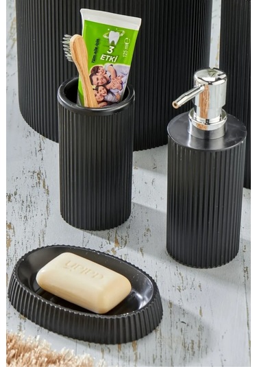 Line 3 Parça Yuvarlak Lavabo Seti - Sıvı Sabunluk Katı Sabunluk Diş Fırçası Siyah
