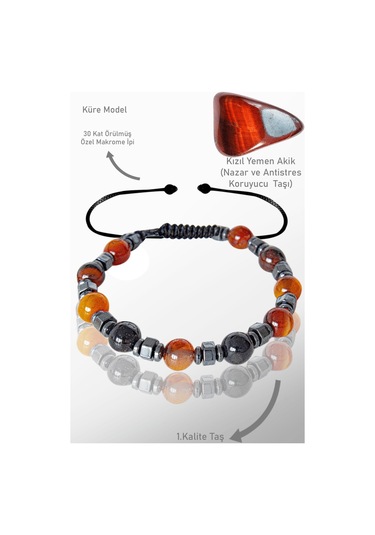 Sertifikalı Gerçek Hematit - Siyah Kızıl Yemen Akiği Doğal Taş Bi Çok Renkli