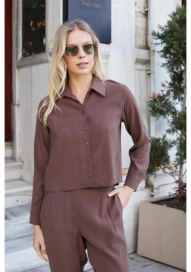 Kadın Likrasız Modal Kumaş Uzun Kol Hafif Kısa Gömlek-kahve Kahve