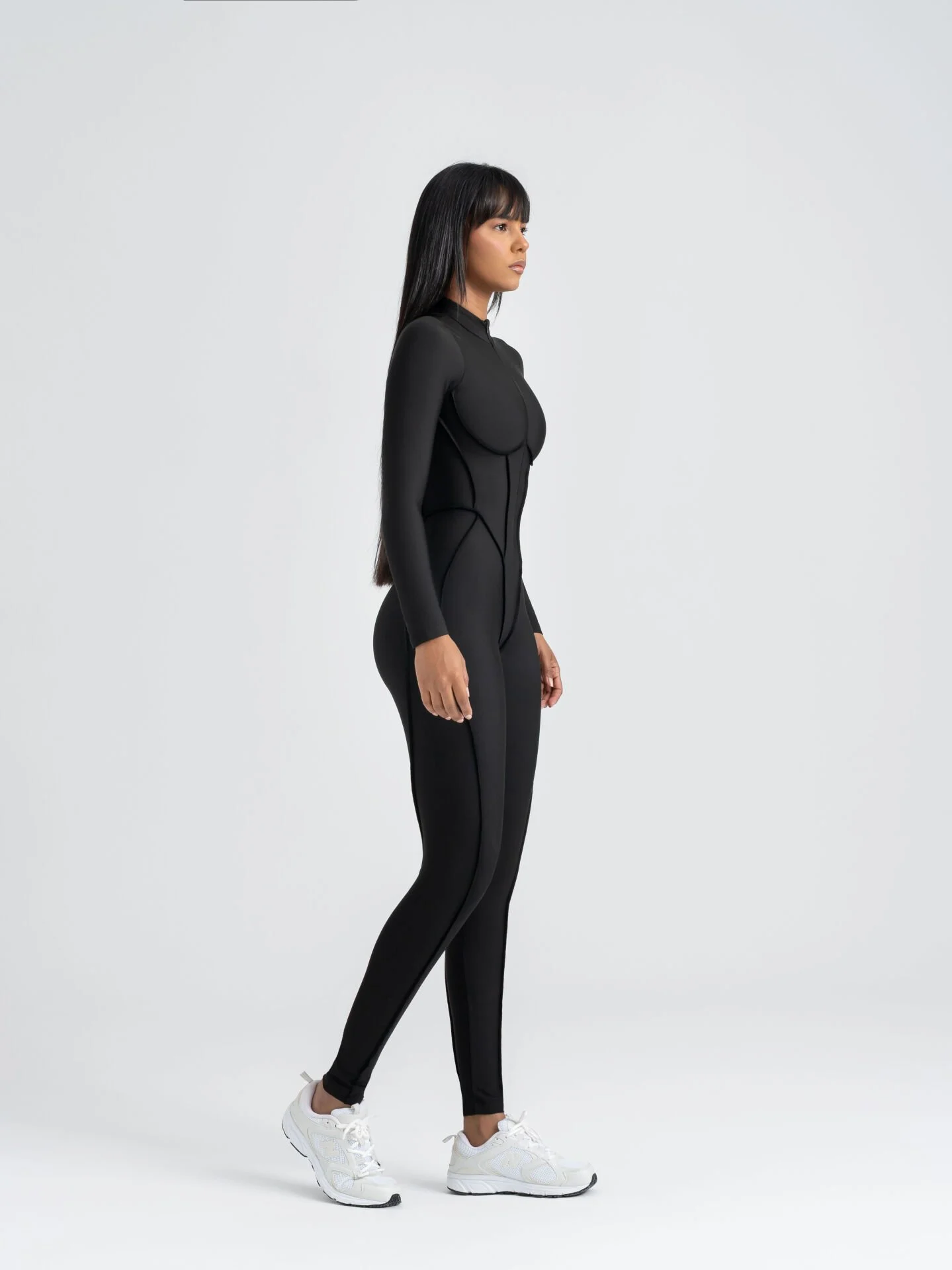 Dikişle Modellenmiş Spor Tayt Tulum Siyah
