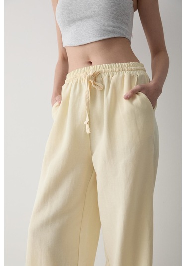 Sarı Beli Lastikli Bol Paça Pantolon Sarı