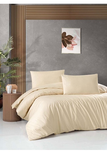 Cotton Collection Ranforce Çift Kişilik Nevresim Takımı Düzboya Krem Çok Renkli
