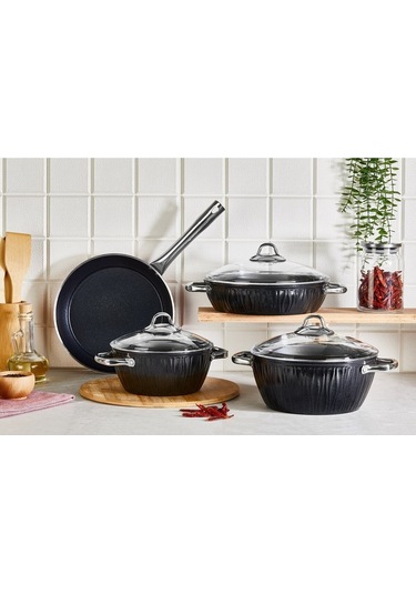 Markiz Alüminyum Granit 7 Parça Tencere Seti Siyah Siyah