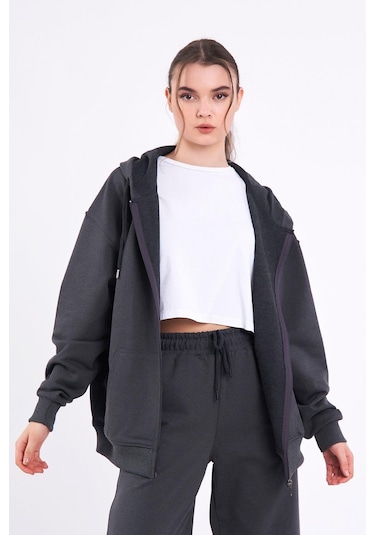 Comeor Antrasit Kanguru Cepli Kapüşonlu Fermuarlı Oversize Kadın Sweatshirt Cmrb73-antrasit Antrasit