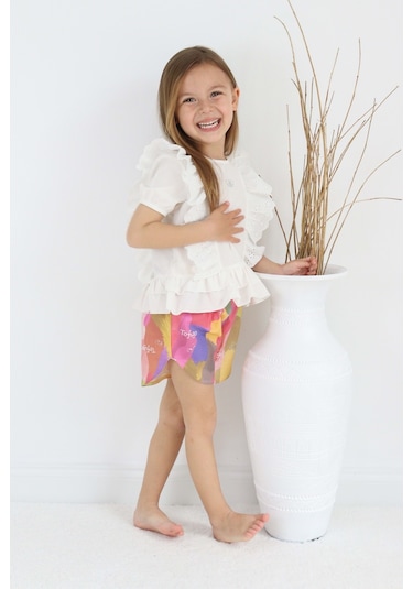 Fistolu Kelebek Motif Şortlu Pamuk Dokuma Kız Çocuk Takım Tf7352 001