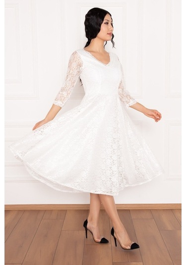 Kalopya Dantel Turvakar Kol Midi Abiye Elbise 13255 Ekru