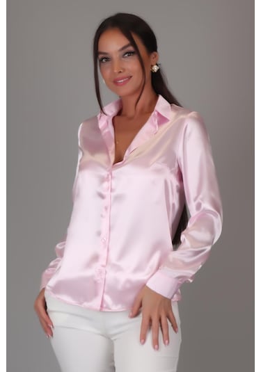 Sweetness Kadın Pembe Saten Uzun Kol Abiye Gömlek Pembe