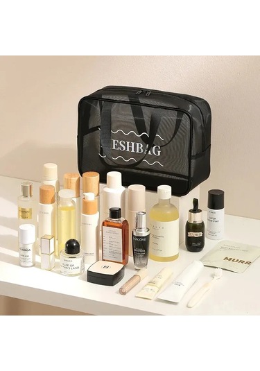 Konesam Büyük Boy Siyah Mesh Seyahat Kosmetik Çantası - Su Geçirmez, Nefes Alır, Organize Edici, Toptan Alım İçin Uygun