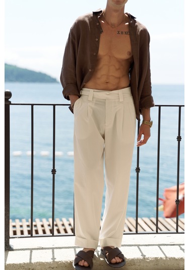 Enrico Kemer Detay Ekru Erkek Pantolon Ekru