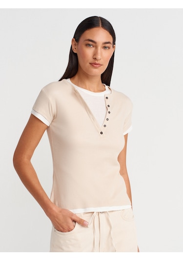 Dilvin 31783 Çift Katlı Düğmeli T-shirt-bej Bej
