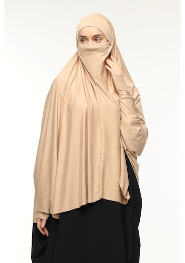 Kollu Sufle Çarşaf Üstü Peçeli Pratik Tesettür Hijab - Nikaplı Namaz Örtüsü Koyu Bej