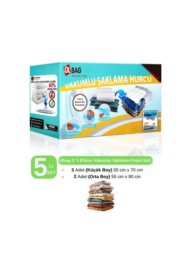 5'li Vakumlu Saklama Poşeti Seti - Elbise Hurcu - Vakumlu Hurç - Vakumlu Torba Şeffaf